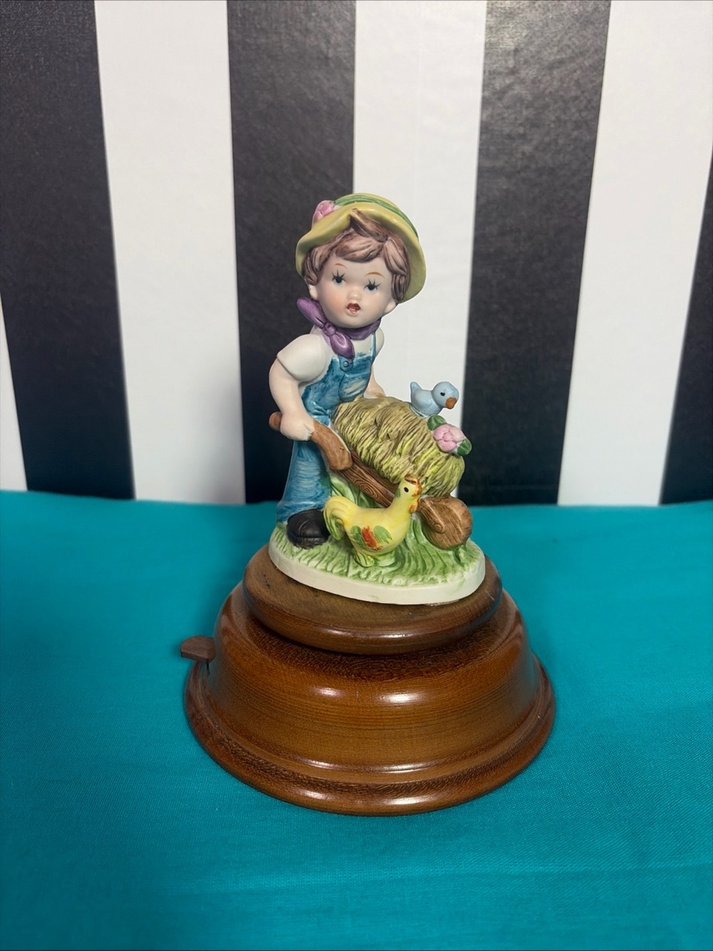Reuge Suisa Swiss Musical Box Farm Boy Chickens Porcelain Figurine 7.5"
